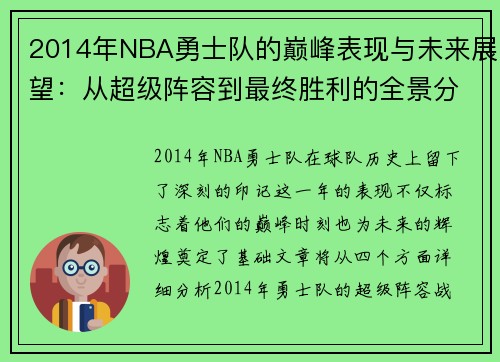 2014年NBA勇士队的巅峰表现与未来展望：从超级阵容到最终胜利的全景分析